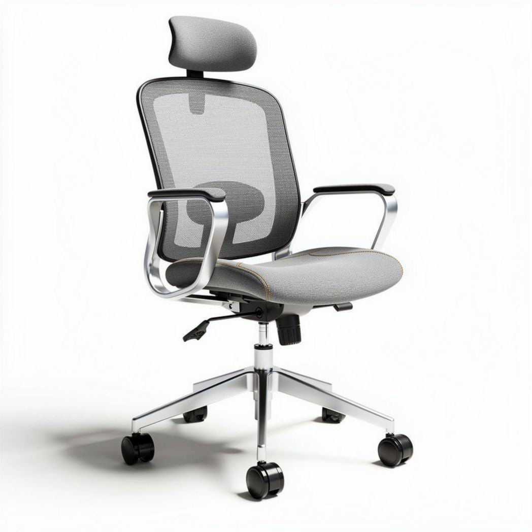 Chaise de bureau ergonomique en maille grise avec accoudoirs et roulettes