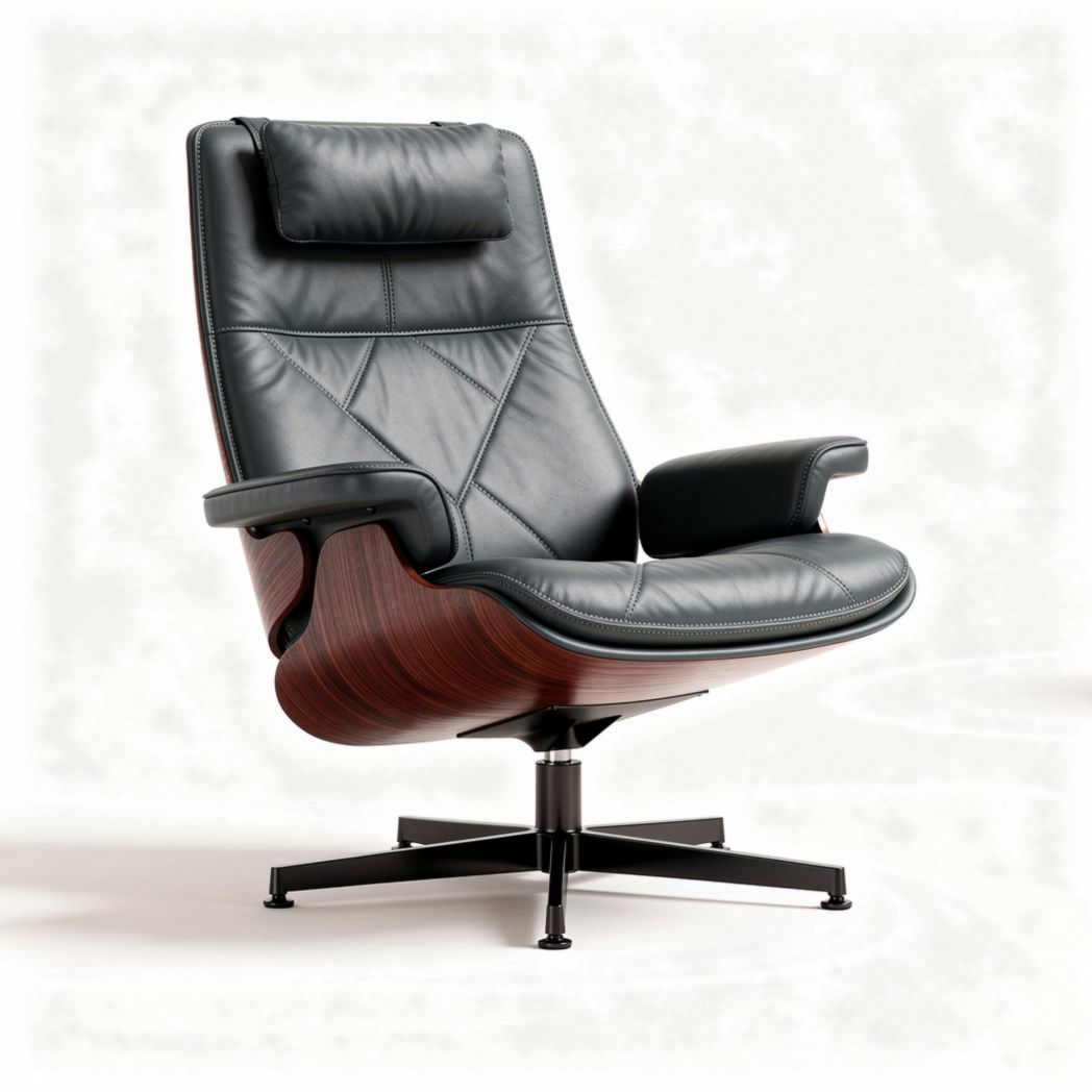 Fauteuil pivotant en cuir noir avec accoudoirs et base en bois 80 x 80 x 100cm