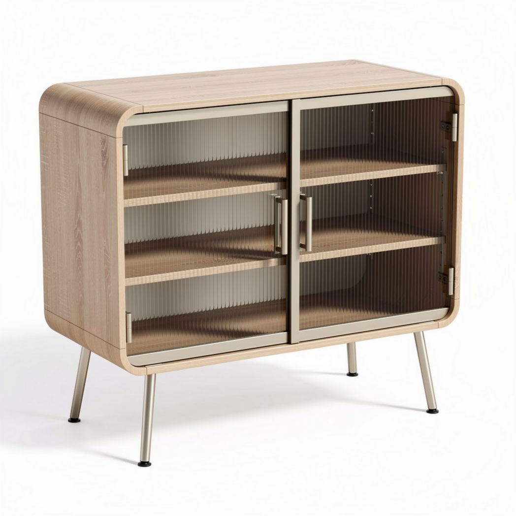 Buffet en bois clair avec portes en verre et étagères intérieures 80 x 40 x 75cm