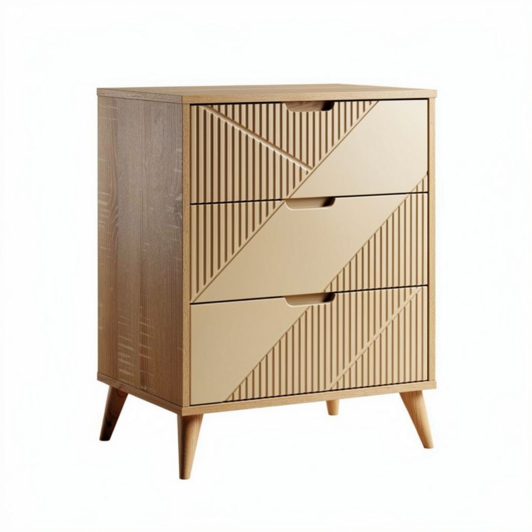 Commode en bois avec trois tiroirs dimensions 40 x 30 x 80cm finition beige et motifs géométriques