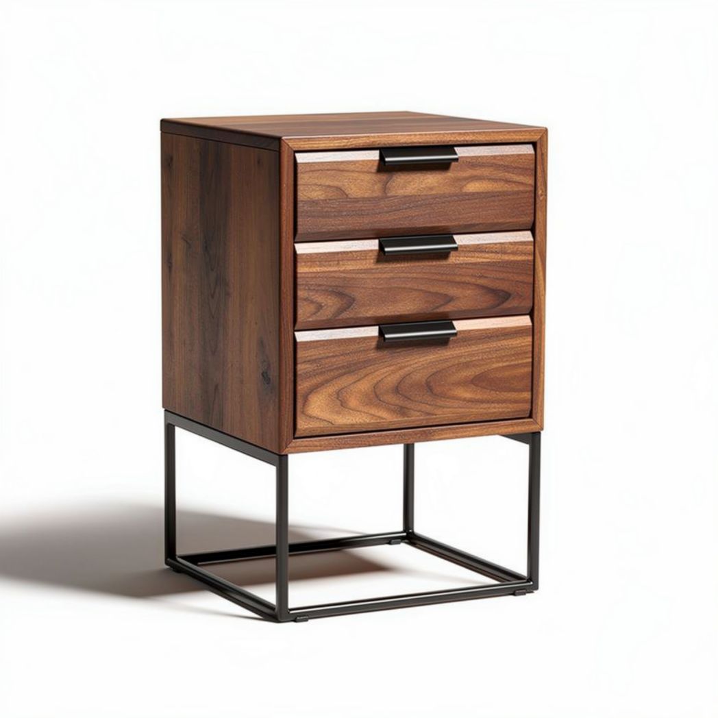 Table de chevet en bois de noyer avec 3 tiroirs et pieds en métal 40 x 40 x 60cm