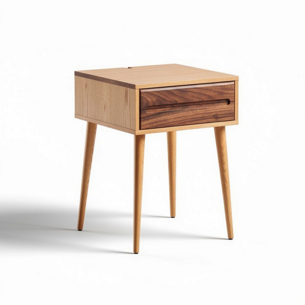 Table de chevet en bois avec tiroir finition noyer et pieds en chêne 40 x 40 x 60 cm