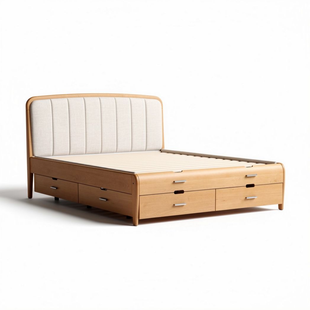 Lit en bois avec rangement intégré en tissu beige 200 x 160 x 100cm