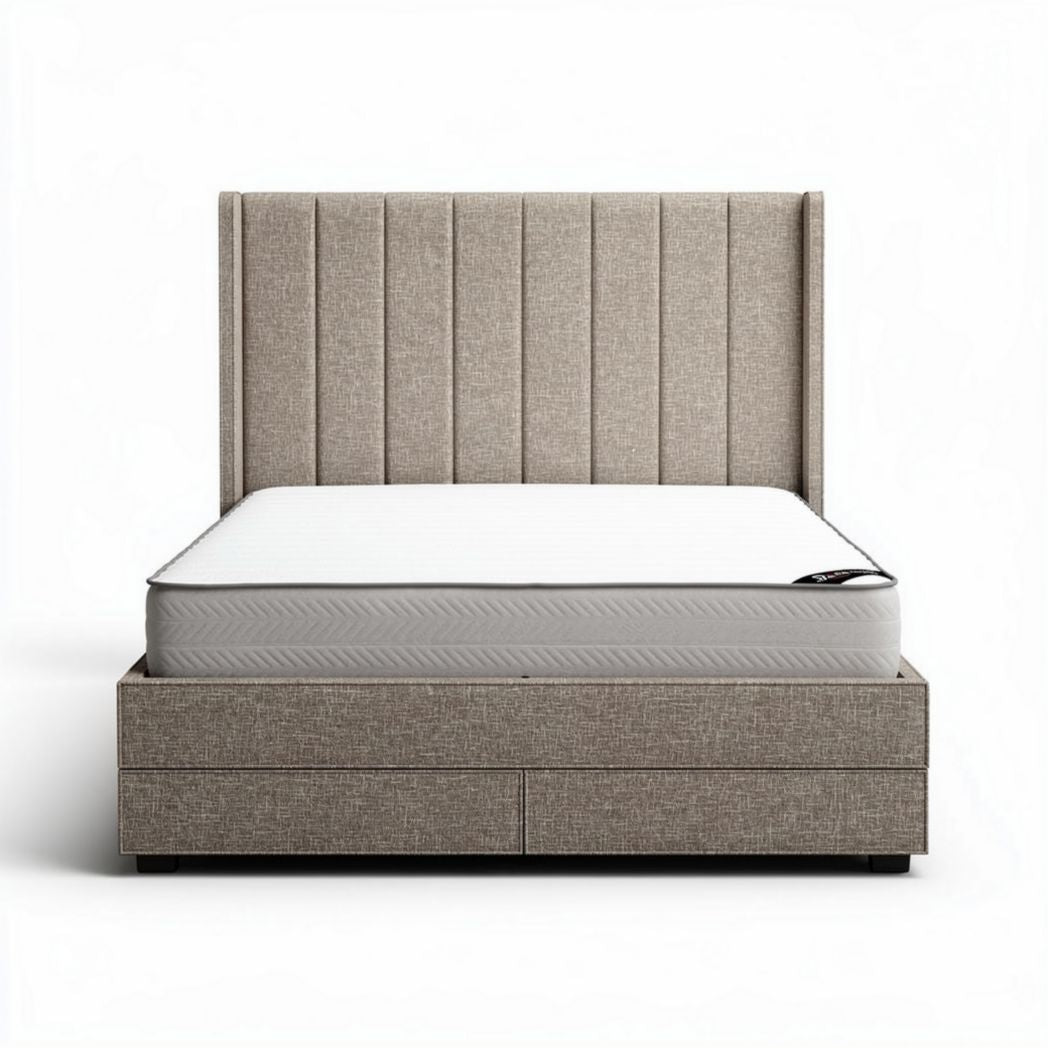 Lit avec tête de lit en tissu gris clair 200 x 160 x 50cm et tiroirs de rangement